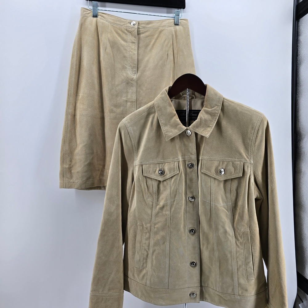 Terry Lewis Suede Jacket and Skirt Set Womens Tan Beige Leather M 12